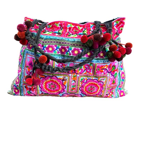 Source Unknown Handbags - Boho Embroidery Multi-Color Flowers Weekender Hobo Tote Pom-Poms Inside Zip #02